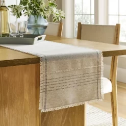 14"x72" Natural Leno Weave Table Runner With Blue Accent - Threshold™ Designed With Studio McGee: Cotton Linen, Spring Decor