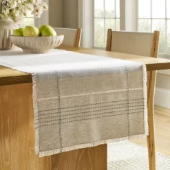 20"x90" Natural Leno Weave Table Runner With Blue Accent - Threshold™ Designed With Studio McGee: Cotton Linen, Plaid, Spring